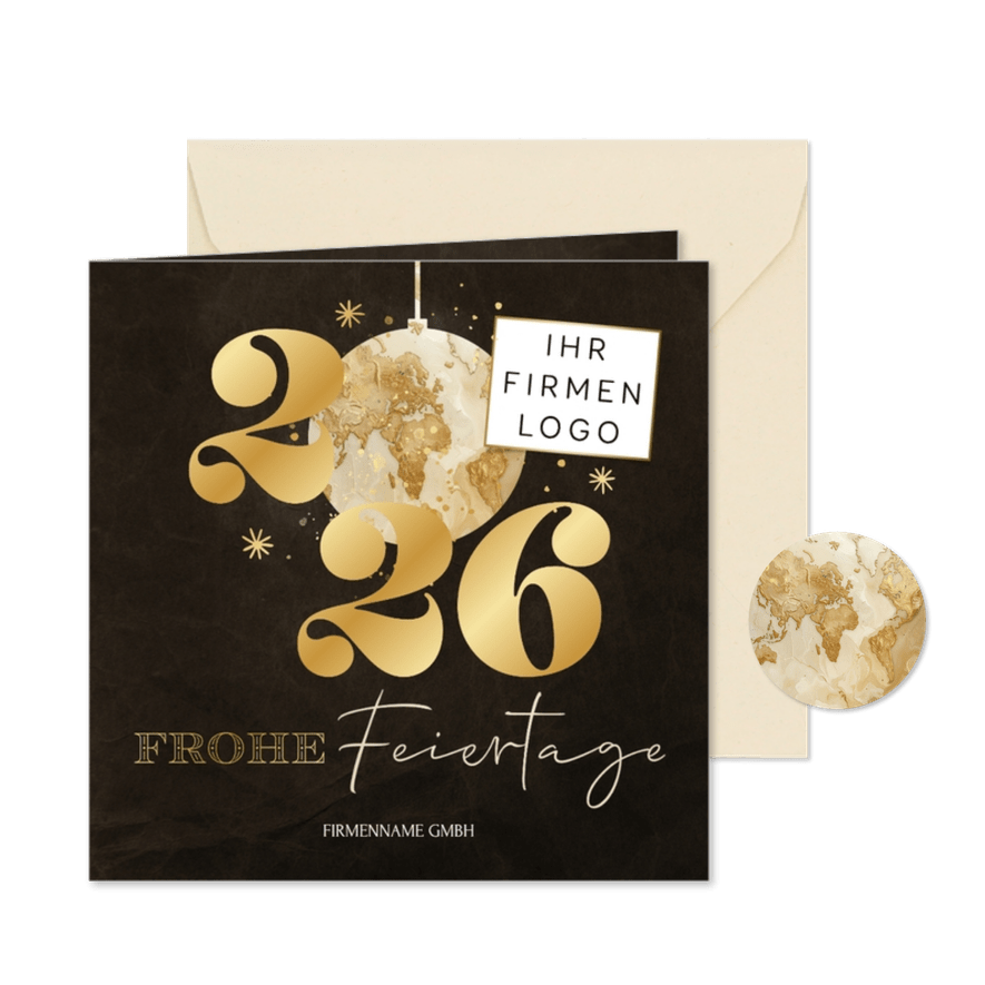 Weihnachtskarte Weltkarte Weihnachtskugel 2026 Logo - Karteneindruck
