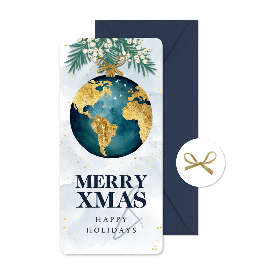 Weihnachtskarte Weltkugel 'Merry XMAS & Happy Holidays' - Karteneindruck
