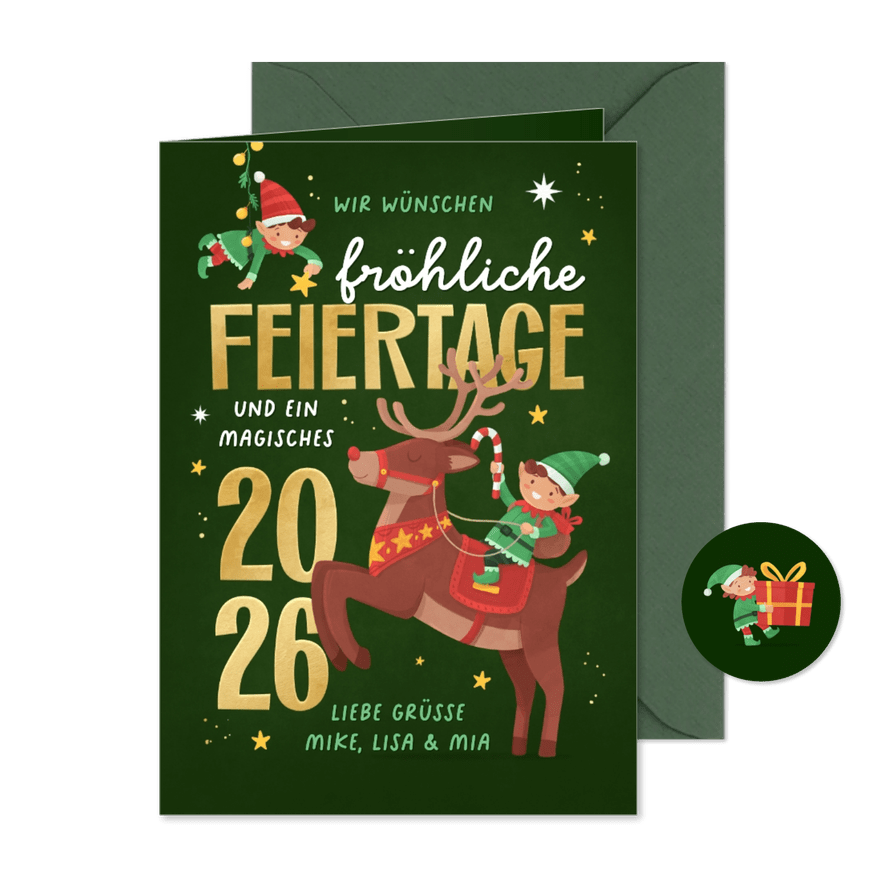 Weihnachtskarte Wichtel Rentier Feiertage 2026 lustig - Karteneindruck
