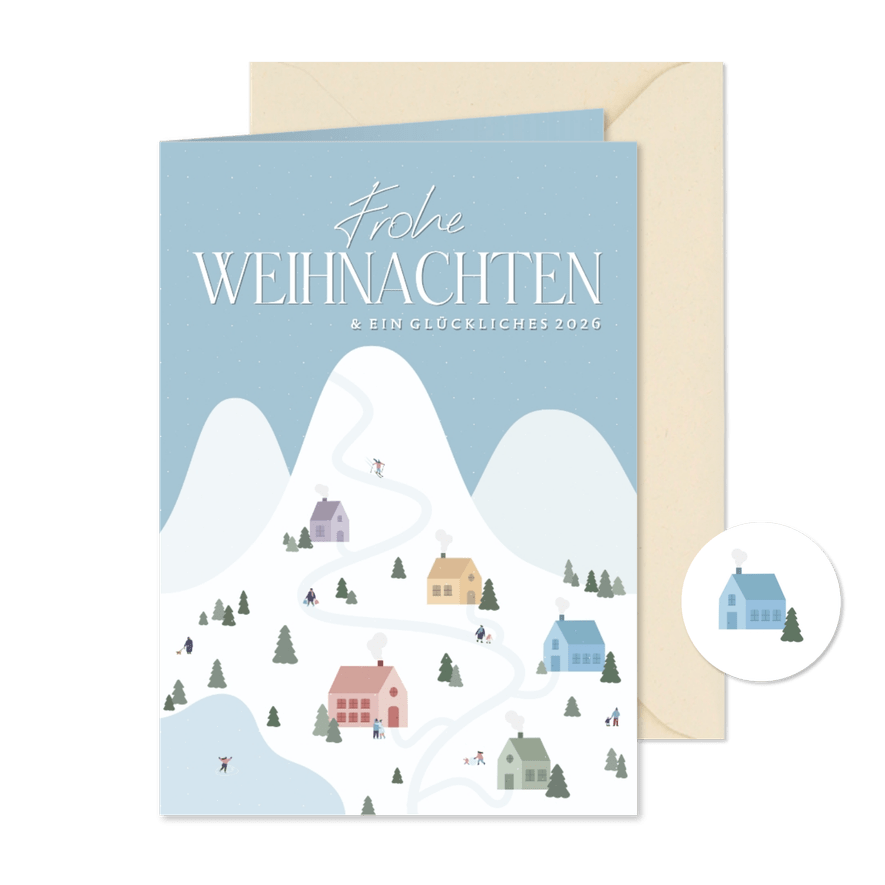 Weihnachtskarte Winterdorf im Schnee - Karteneindruck