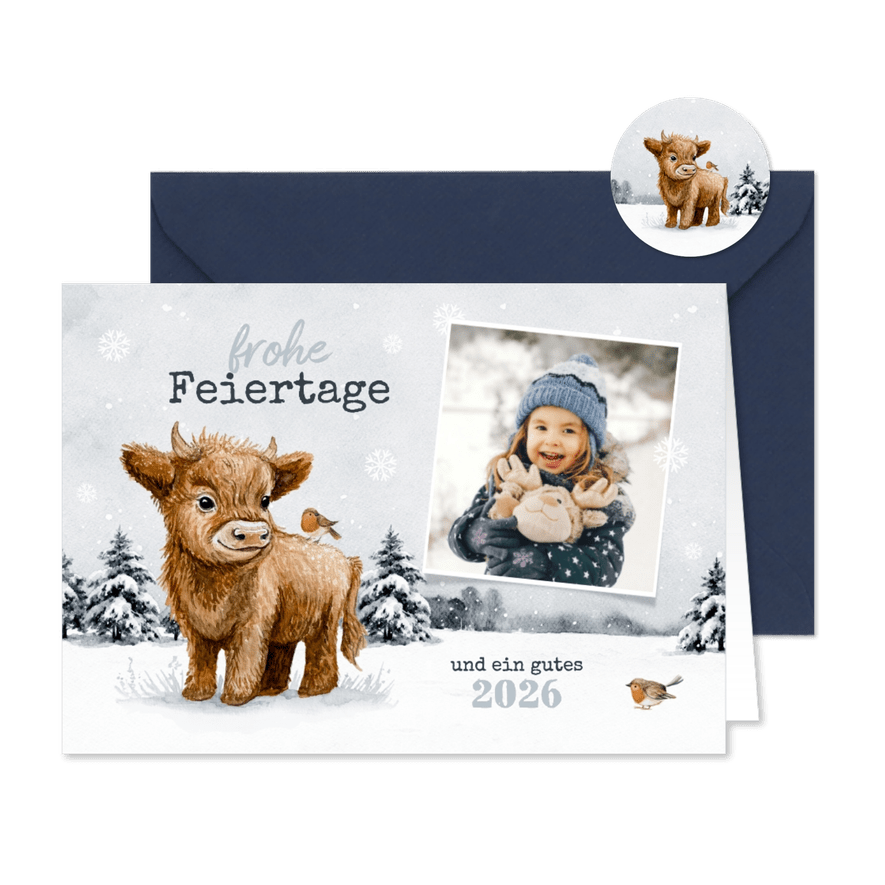 Weihnachtskarte Winterlandschaft Hochlandrind Kälbchen - Karteneindruck