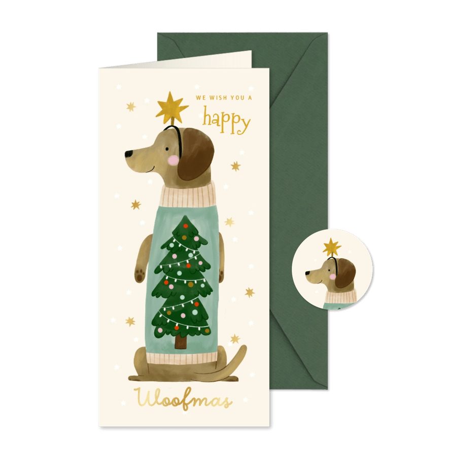 Weihnachtskarte 'Woofmas' Dackel mit Pulli Hochformat - Kartenvorschau
