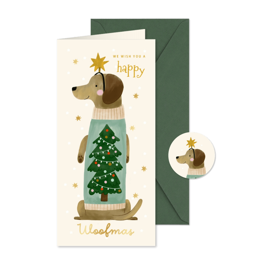 Weihnachtskarte 'Woofmas' Dackel mit Pulli Hochformat - Karteneindruck

