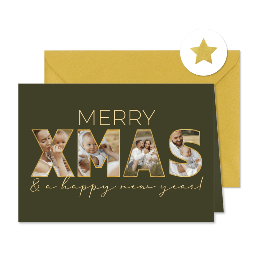 Weihnachtskarte XMAS Fotocollage Buchstaben dunkelgrün - Kartenvorschau
