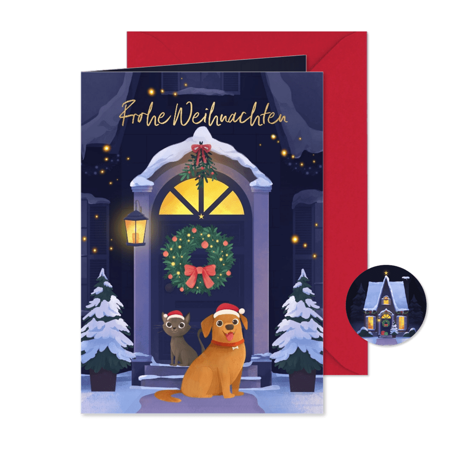 Weihnachtskarte zum Umzug Hund & Katze im Schnee - Karteneindruck
