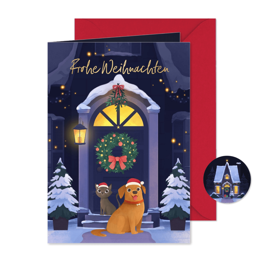 Weihnachtskarte zum Umzug Hund & Katze im Schnee - Kartenvorschau
