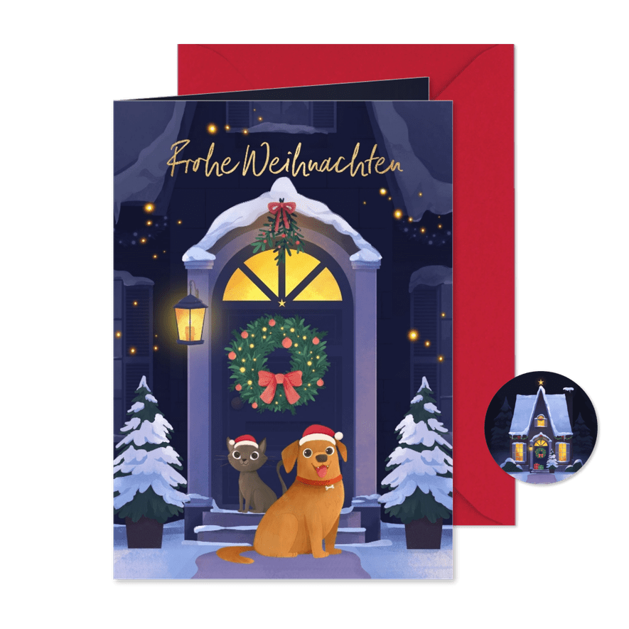 Weihnachtskarte zum Umzug Hund & Katze im Schnee - Karteneindruck
