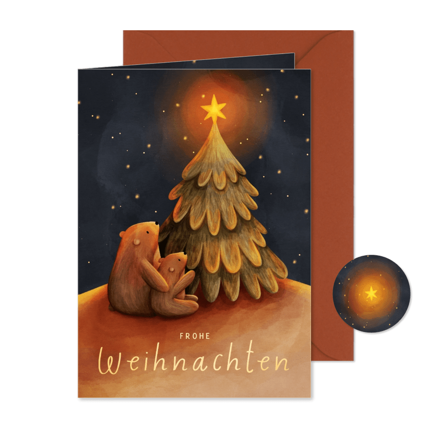 Weihnachtskarte zwei Bären mit Weihnachtsbaum - Kartenvorschau