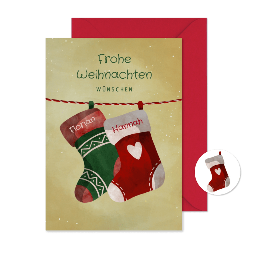Weihnachtskarte zwei Weihnachtssocken an Schnur - Karteneindruck