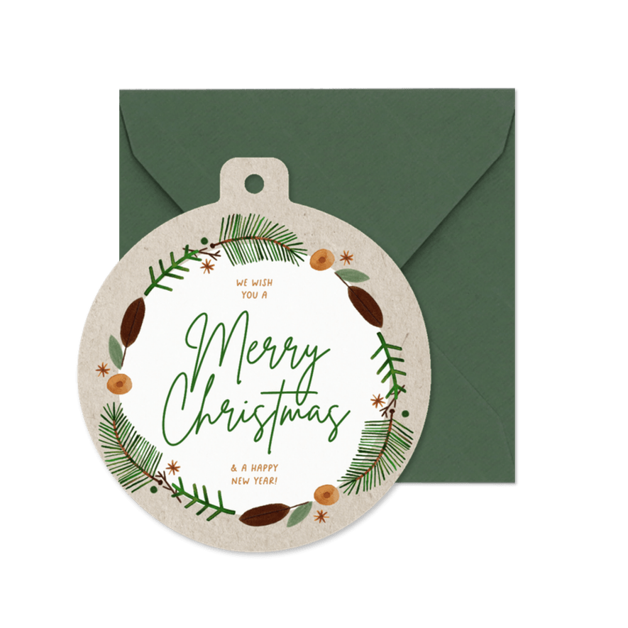 Weihnachtskarte Zweige Kranz Papier Weihnachtskugel  - Karteneindruck
