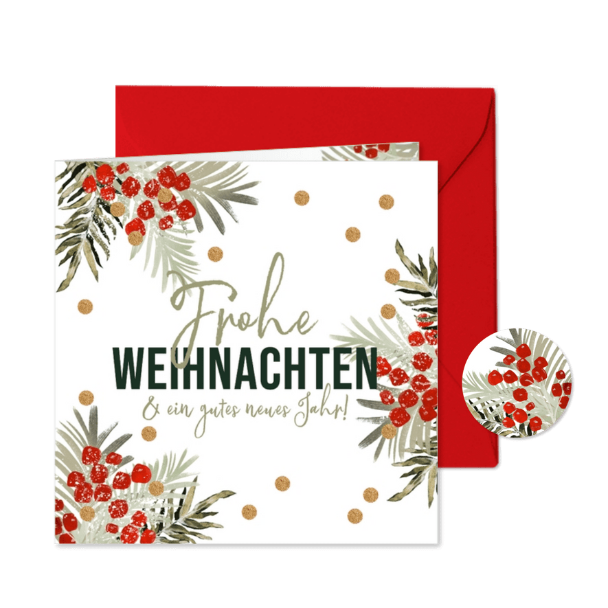 Weihnachtskarte Zweige und Beeren mit Goldkonfetti - Karteneindruck
