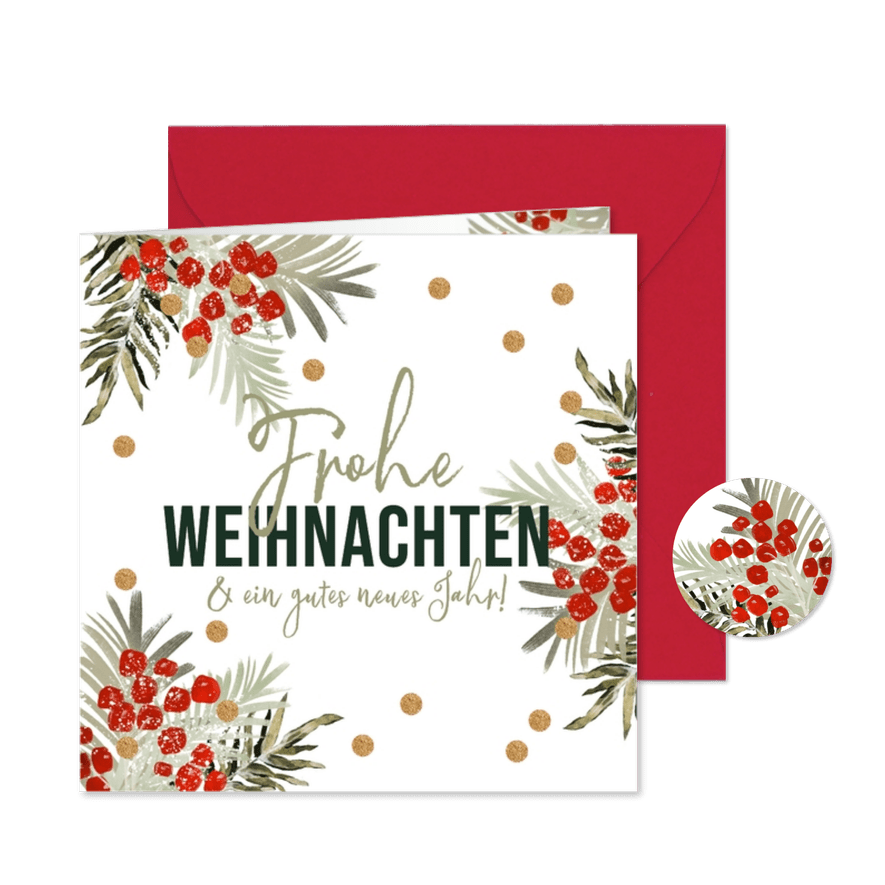 Weihnachtskarte Zweige und Beeren mit Goldkonfetti - Karteneindruck