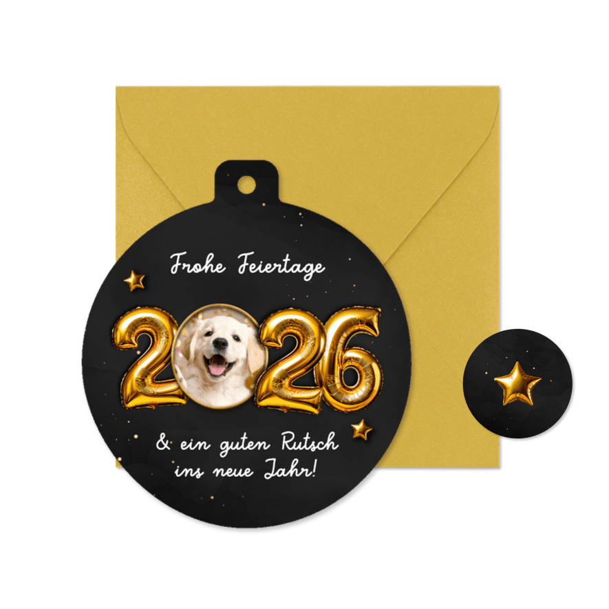 Weihnachtskugel Fotokarte 2026 Folienballons  - Karteneindruck
