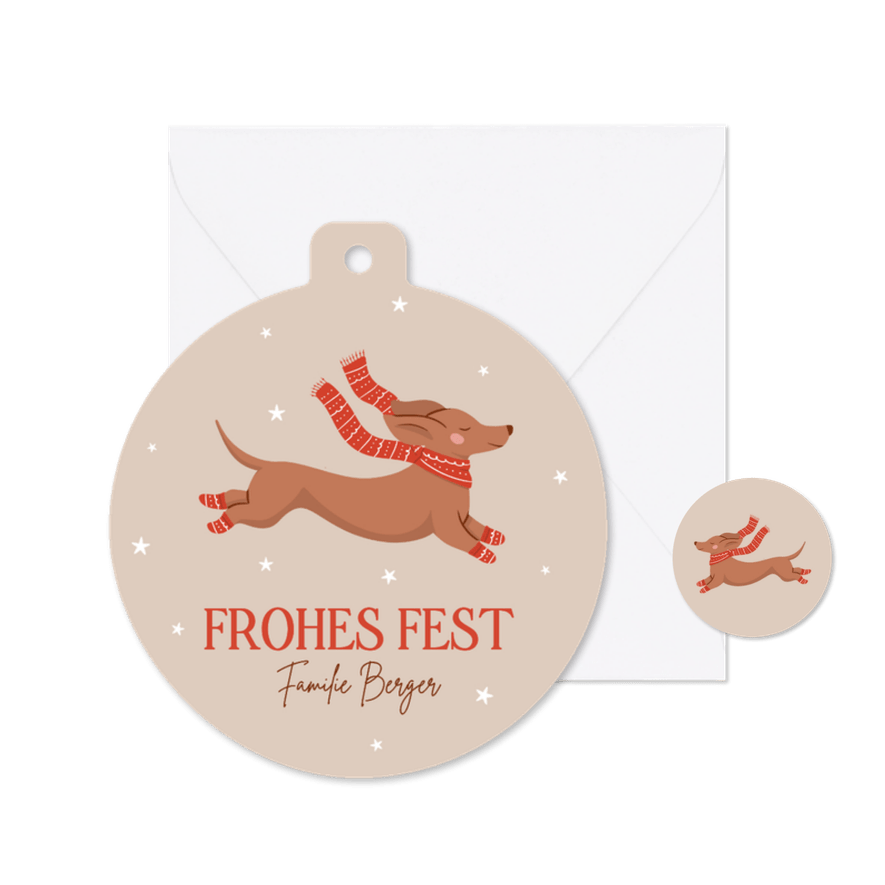 Weihnachtskugel Grußkarte Dackel mit Schal und Socken - Karteneindruck
