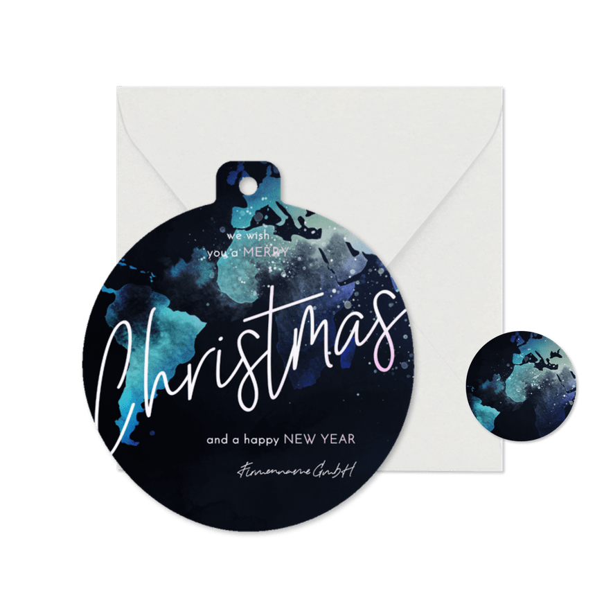 Weihnachtskugel-Grußkarte mit Weltkarte 'Merry Christmas' - Karteneindruck
