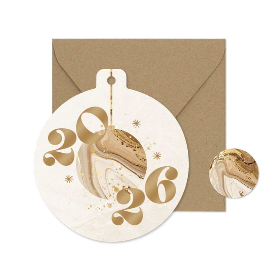 Weihnachtskugel-Karte Marmor 2026 beige gold - Karteneindruck
