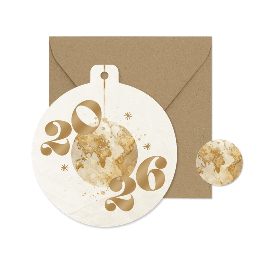 Weihnachtskugel-Karte mit Weltkarte 2026 beige gold - Karteneindruck