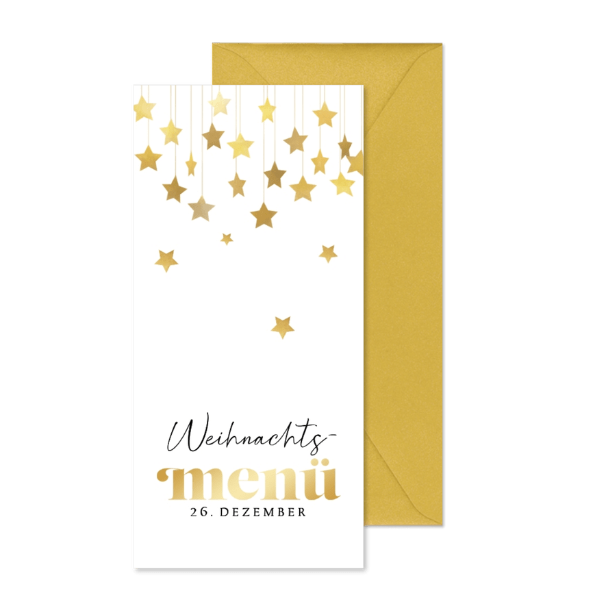 Weihnachtsmenü goldene Sterne auf weiß Karte  - Karteneindruck
