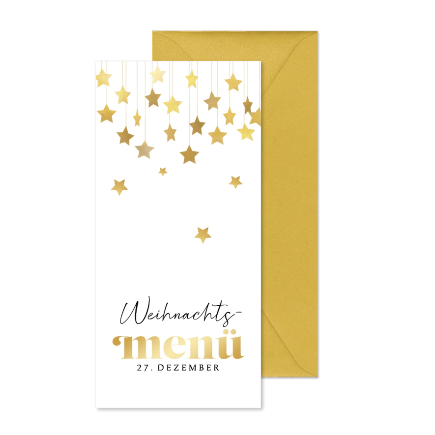 Weihnachtsmenü goldene Sterne auf weiß Karte  - Kartenvorschau
