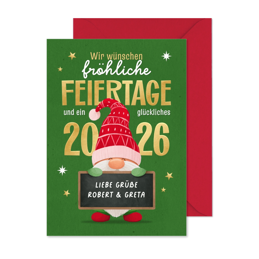 Weihnachtswichtel Wichtelmütze Tafel 'fröhliche Feiertage' - Karteneindruck
