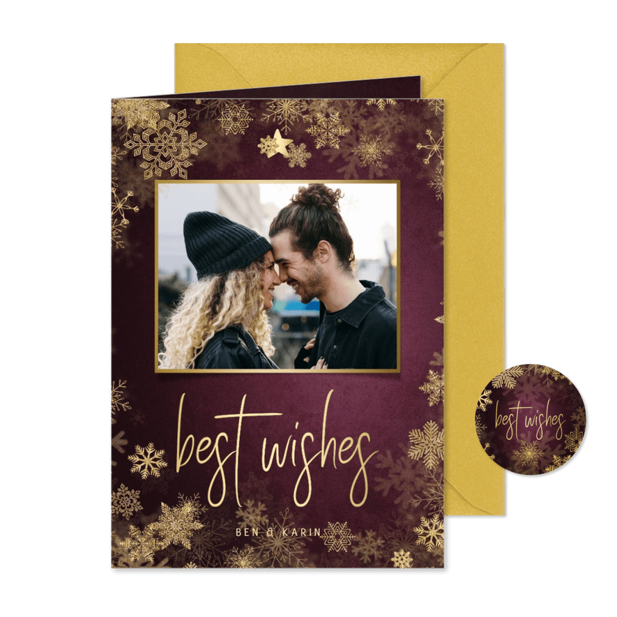 Weinrote Weihnachtskarte mit Foto und Schneeflocken - Karteneindruck
