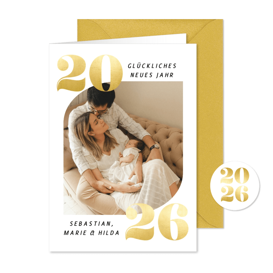 Weiße Fotokarte mit goldenen Ziffern 2026 - Karteneindruck
