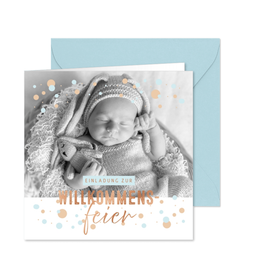 Willkommensfeier Einladung Foto, blaue Punkte & Kupferdruck - Karteneindruck
