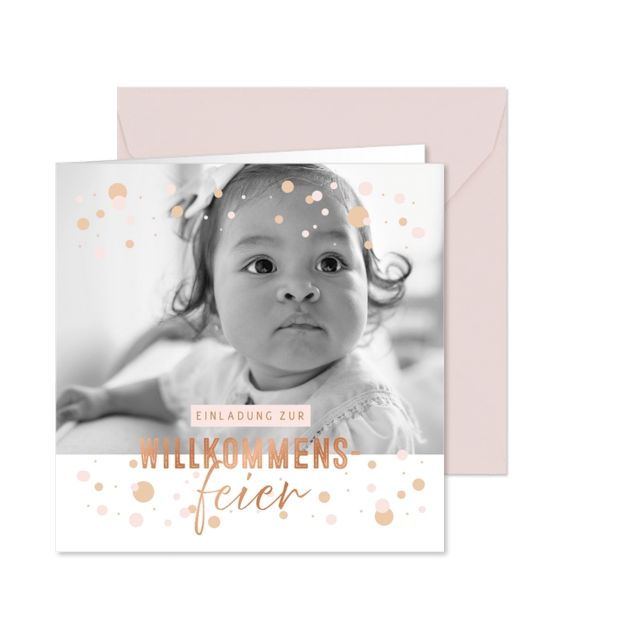 Willkommensfeier Einladung Foto, rosa Punkte & Kupferdruck - Karteneindruck
