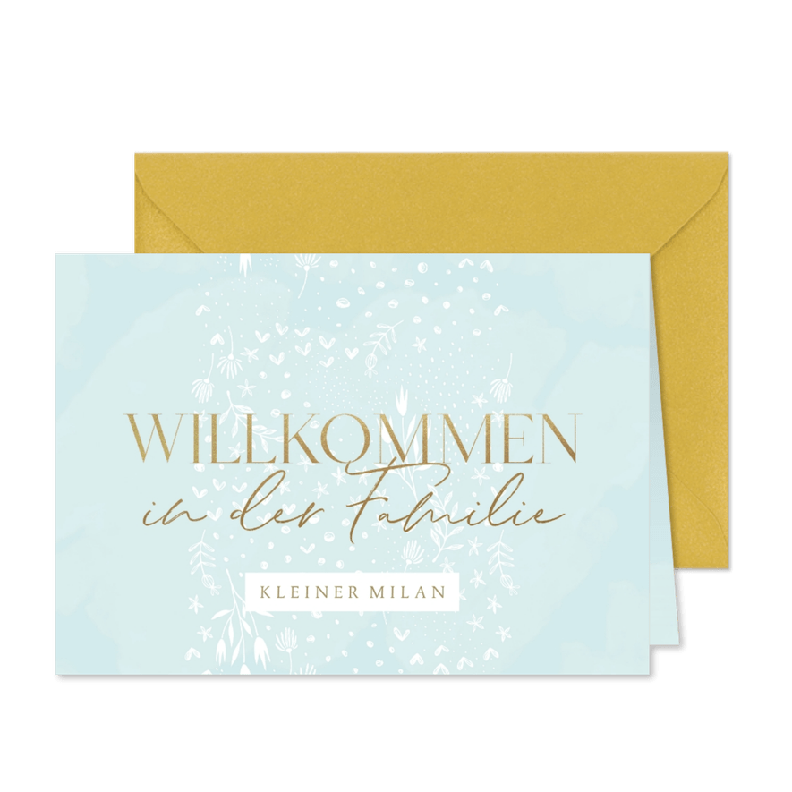Willkommensfeier Einladung hellblau floral - Karteneindruck