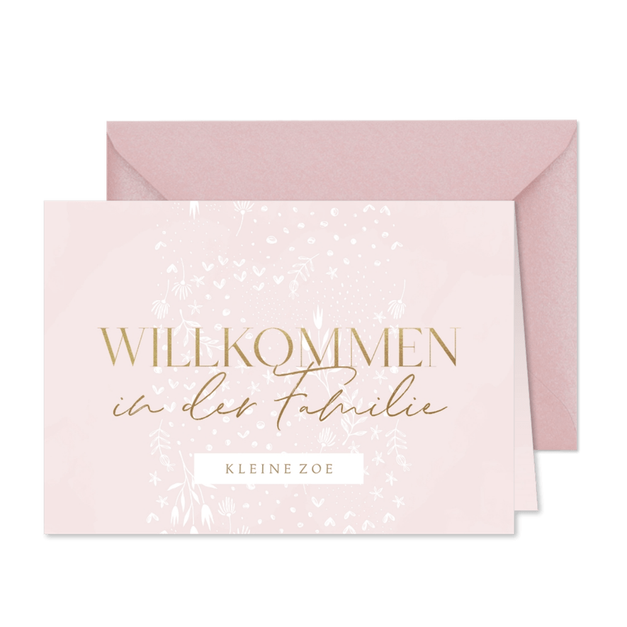 Willkommensfeier Einladung rosa floral - Karteneindruck
