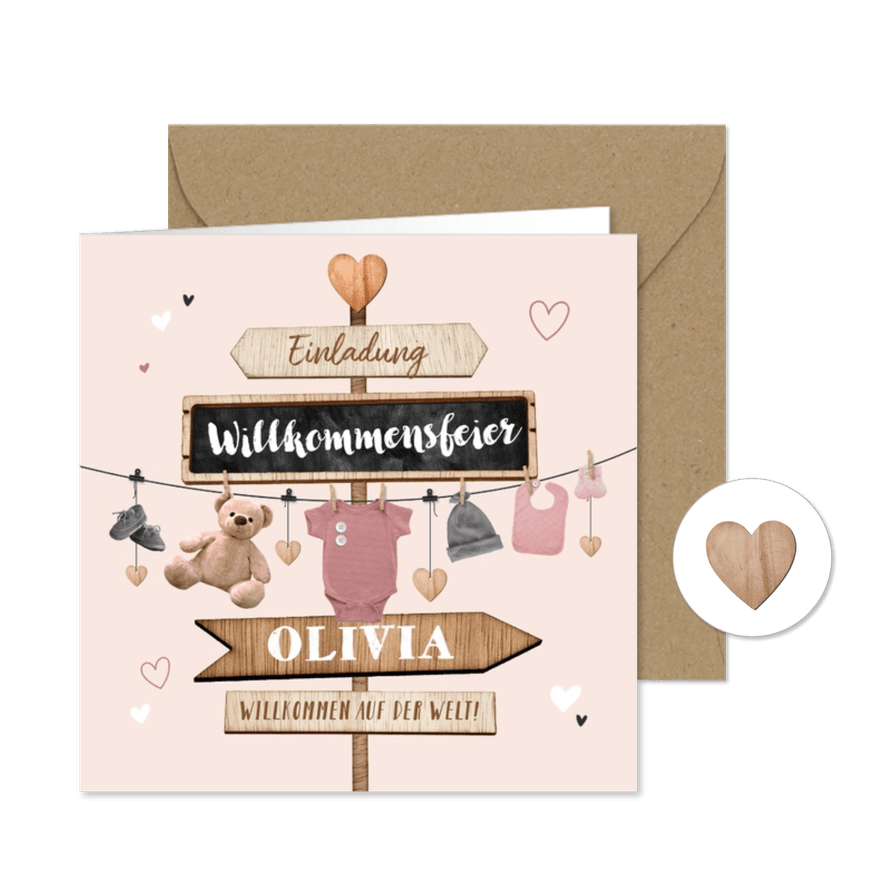Willkommensfest Einladung rosa Schilder & Wäscheleine - Karteneindruck