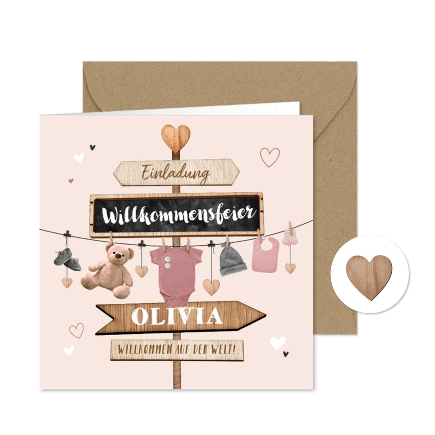 Willkommensfest Einladung rosa Schilder & Wäscheleine - Karteneindruck