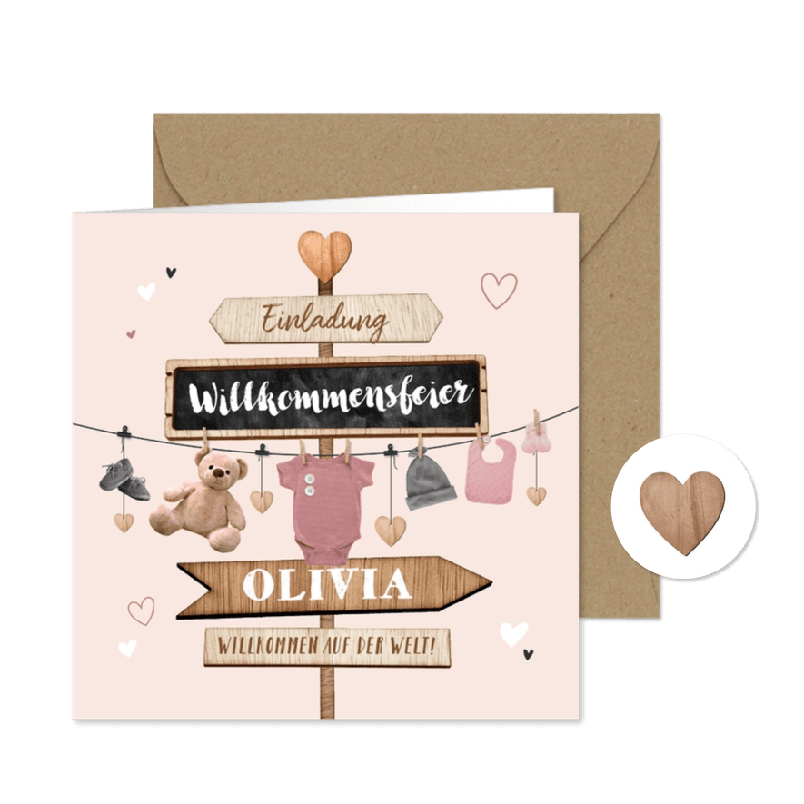 Willkommensfest Einladung rosa Schilder & Wäscheleine - Karteneindruck