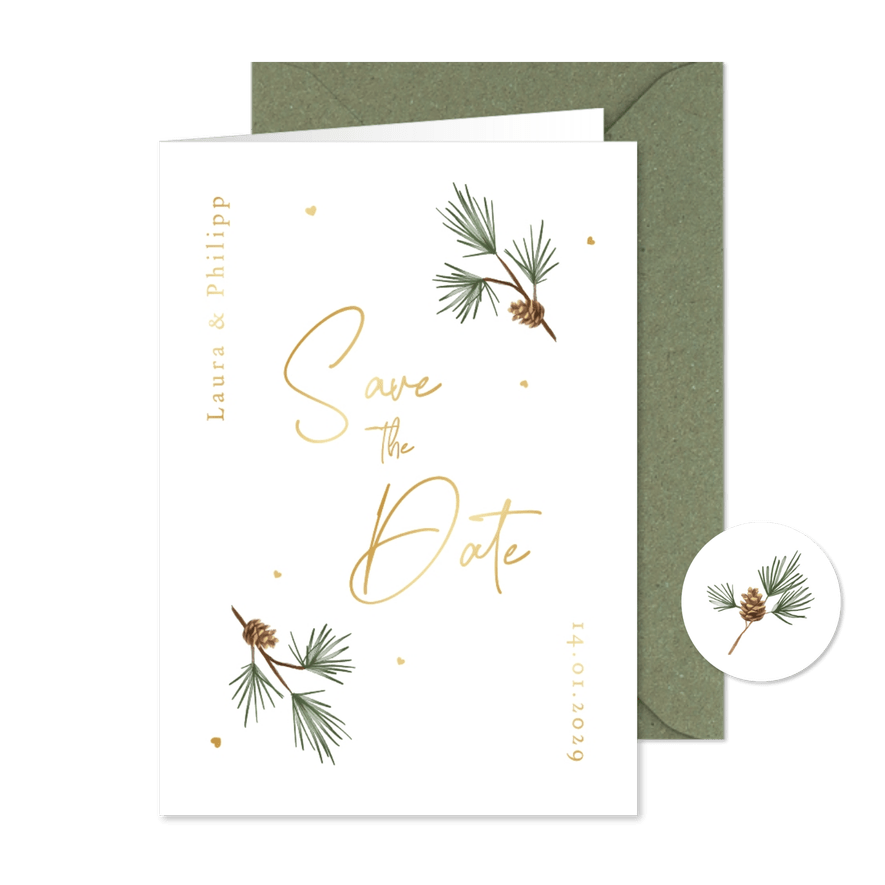 Winter Save-the-Date-Hochzeitskarte Tannenzweige - Karteneindruck