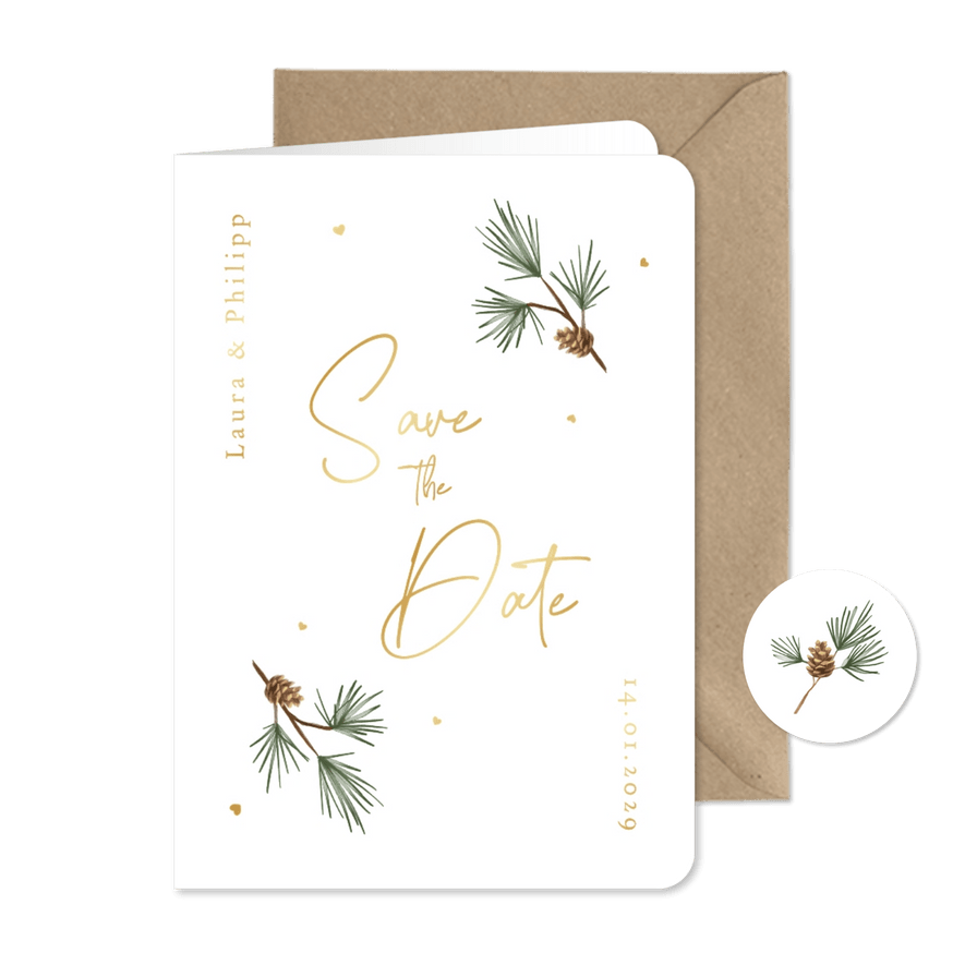 Winter Save-the-Date-Hochzeitskarte Tannenzweige - Karteneindruck
