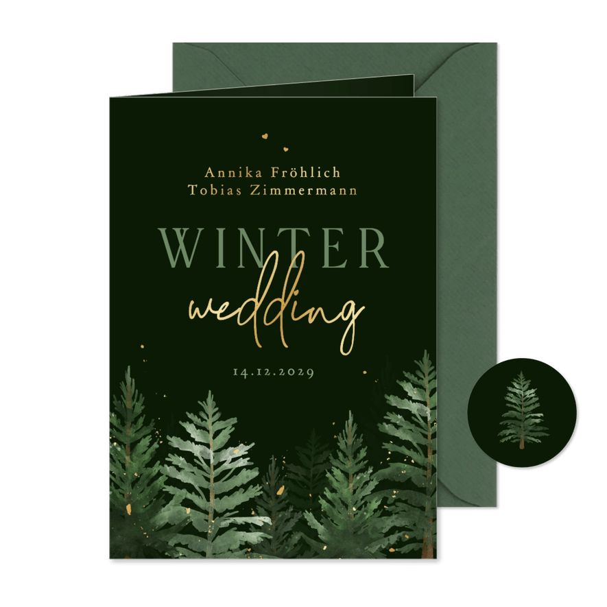 Winterhochzeit Einladungskarte Tannenbäume - Kartenvorschau