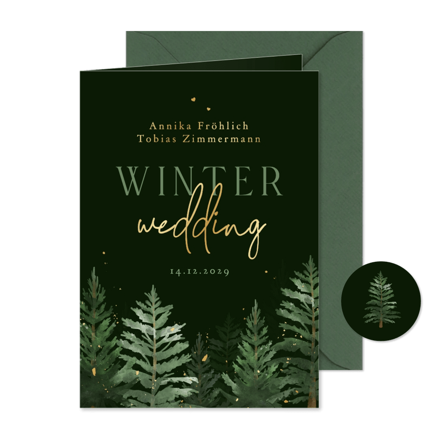 Winterhochzeit Einladungskarte Tannenbäume - Karteneindruck