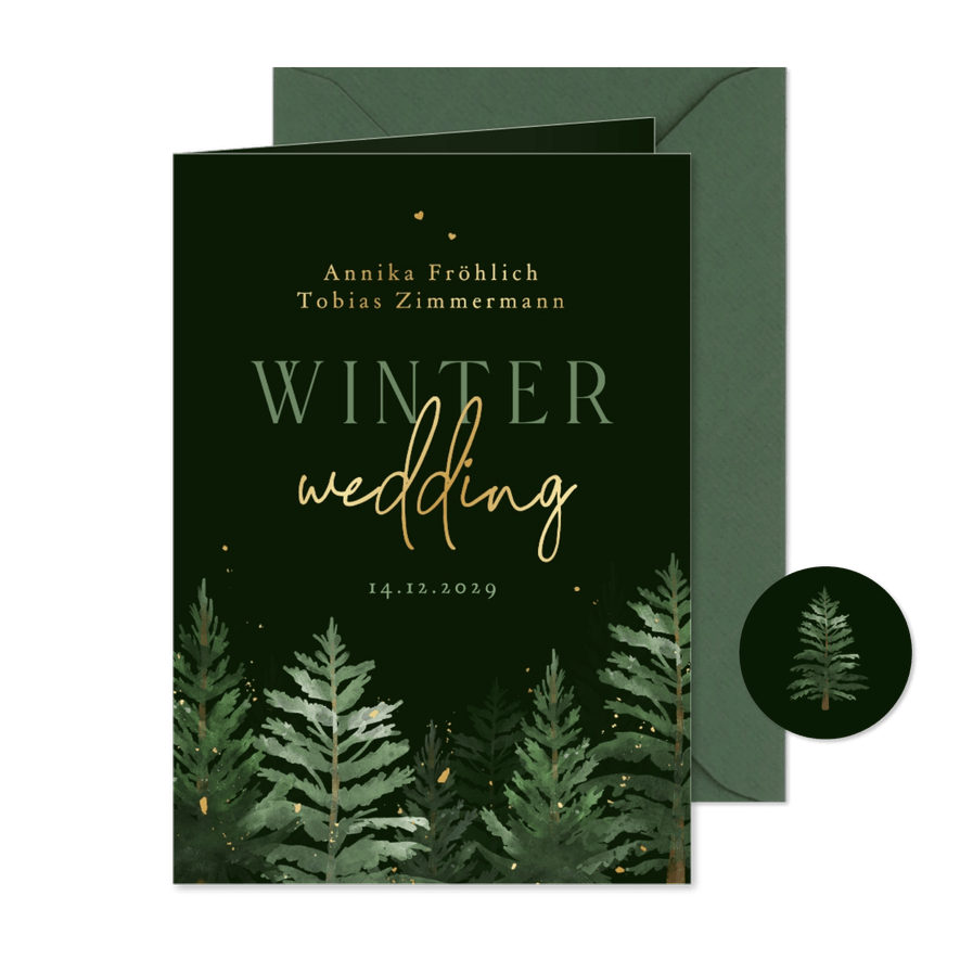 Winterhochzeit Einladungskarte Tannenbäume - Kartenvorschau