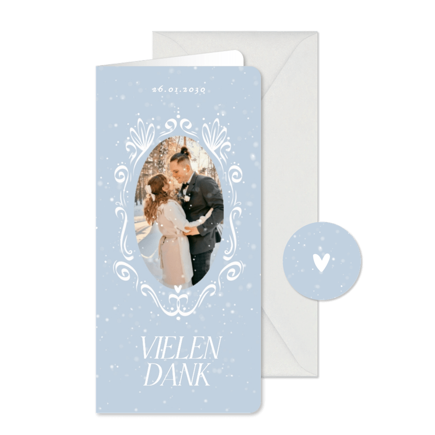 Winterhochzeit Foto-Dankeskarte Schnee Ornamente blau - Karteneindruck
