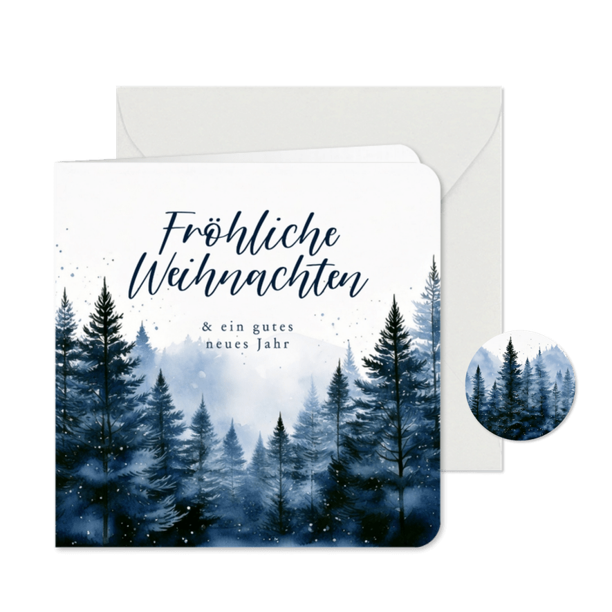 Winterlandschaft Weihnachtskarte blaue Tannenbäume - Karteneindruck