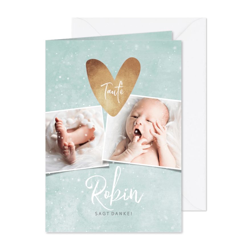 Winterliche Dankeskarte zur Taufe blaugrün mit Fotos - Karteneindruck
