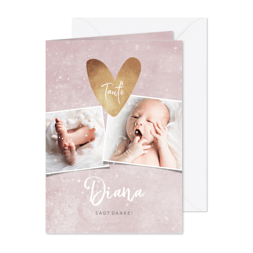 Winterliche Dankeskarte zur Taufe rosé mit Fotos - Karteneindruck
