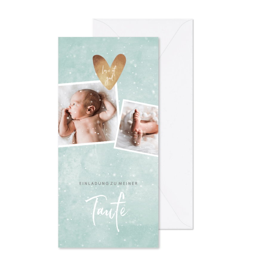 Winterliche Einladung zur Taufe blaugrün mit Foto - Karteneindruck