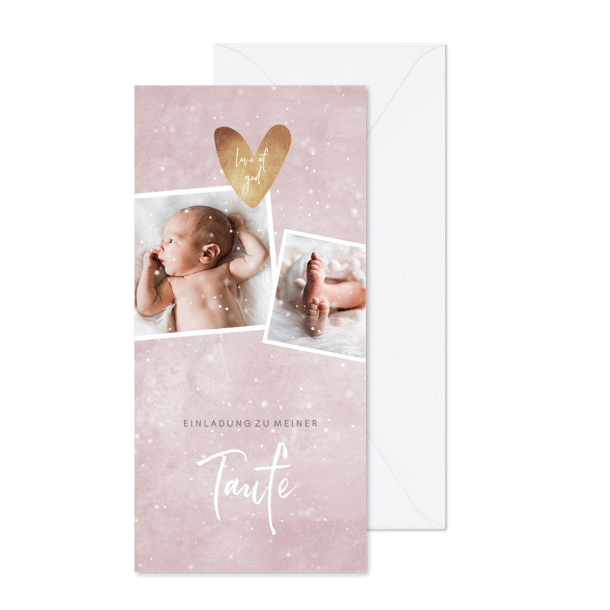 Winterliche Einladung zur Taufe rosé mit Foto - Karteneindruck
