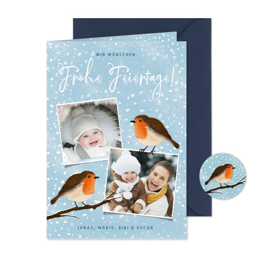 Winterliche Foto-Weihnachtskarte Rotkhelchen - Karteneindruck