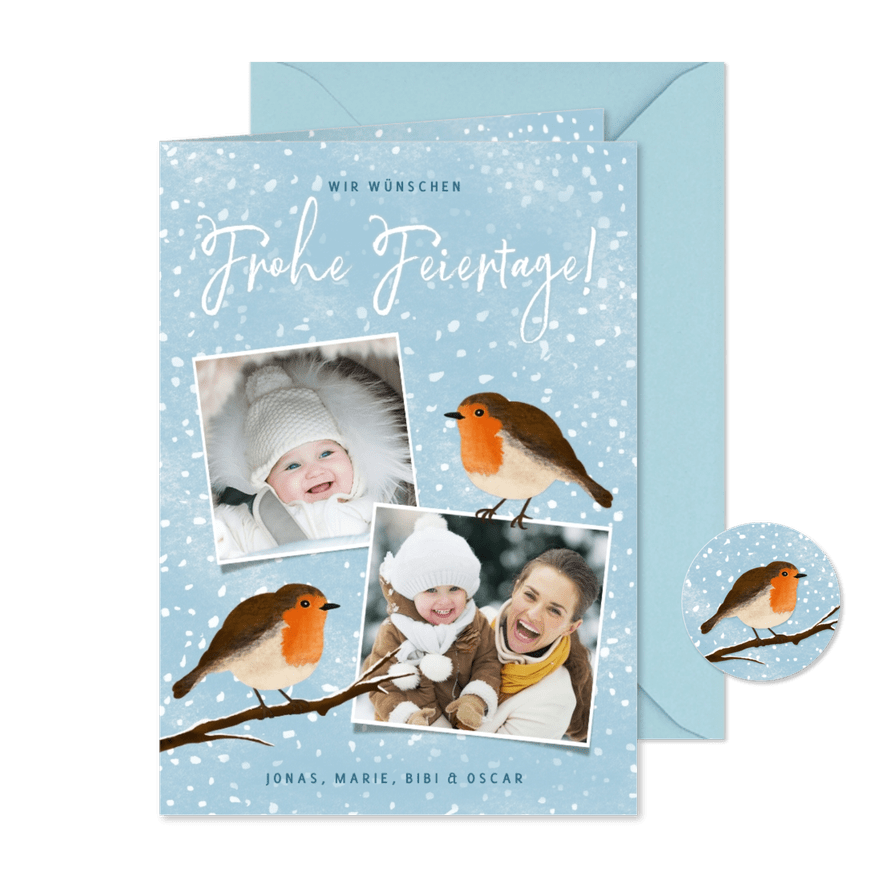 Winterliche Foto-Weihnachtskarte Rotkhelchen - Karteneindruck