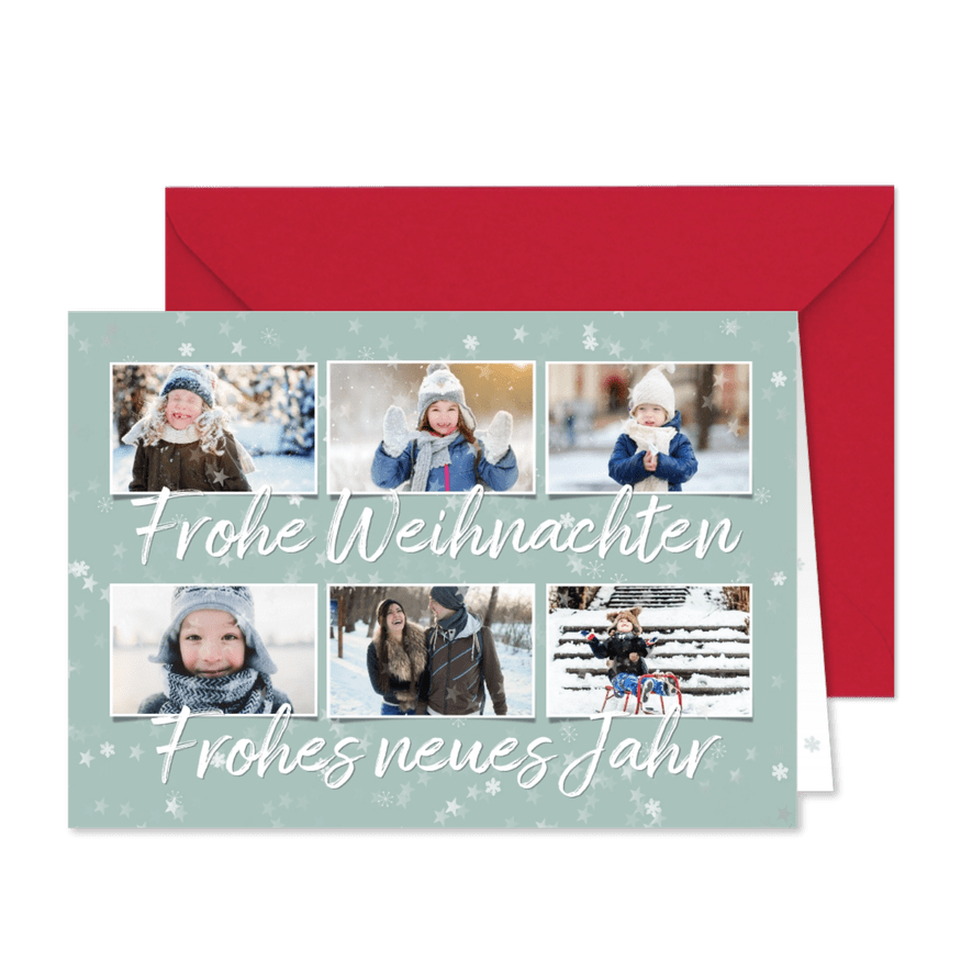 Winterliche Weihnachtskarte 6 Fotos und Sterne - Karteneindruck