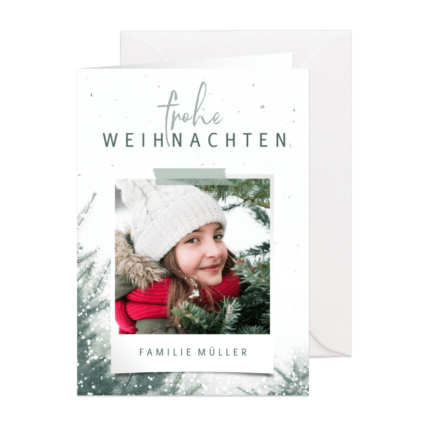 Winterliche Weihnachtskarte mit Foto und Tannenbaum - Karteneindruck
