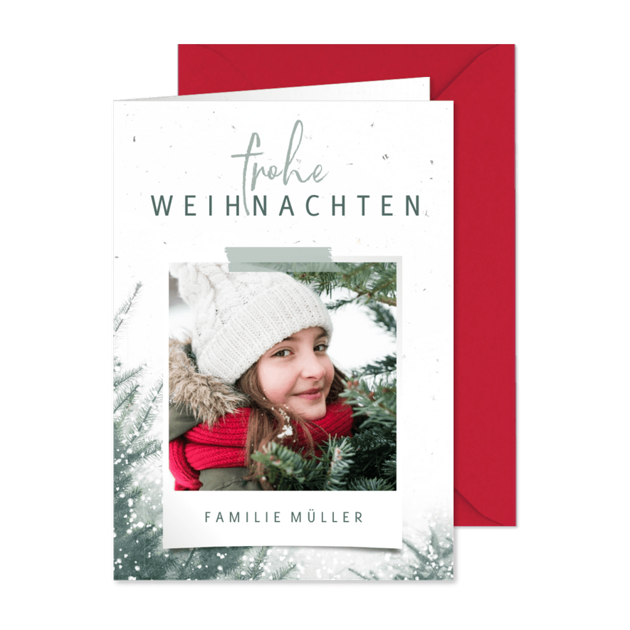 Winterliche Weihnachtskarte mit Foto und Tannenbaum - Karteneindruck