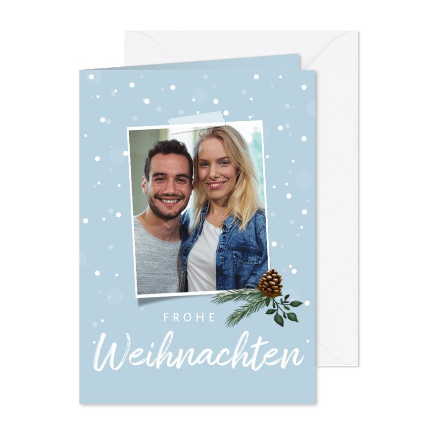 Winterliche Weihnachtskarte mit Tannenzapfen und Foto - Karteneindruck